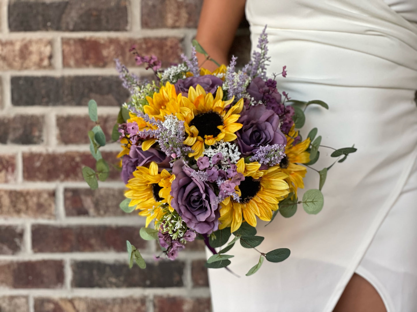 Purple Roses & Sunflower Bride Bouquet