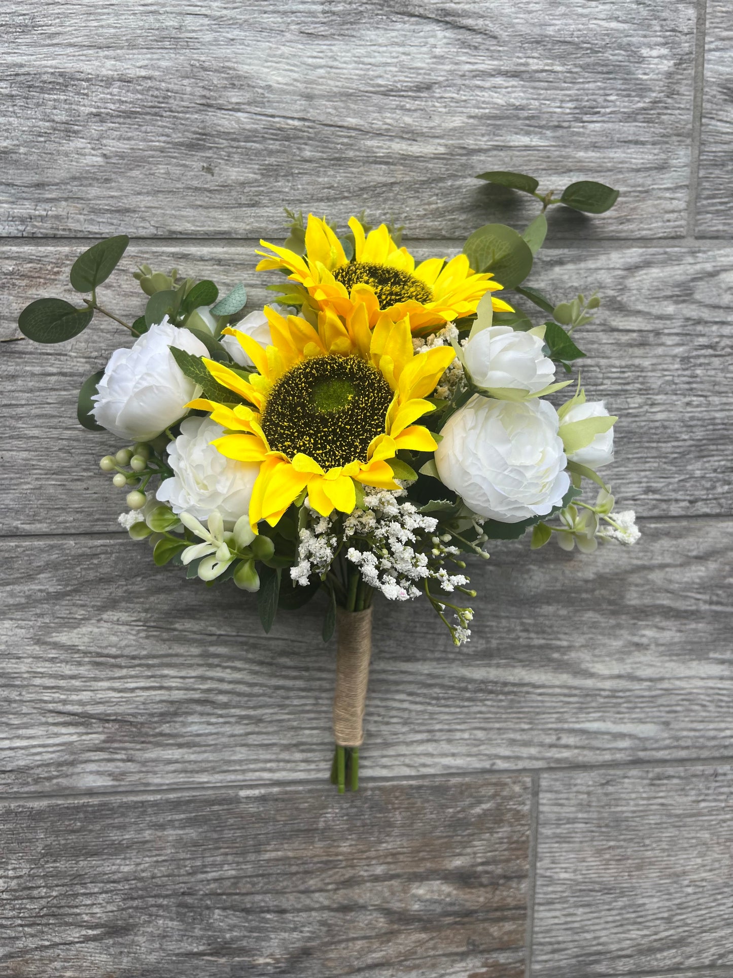 Sunflower, White Peonies & Eucalyptus Bridesmaid Bouquet