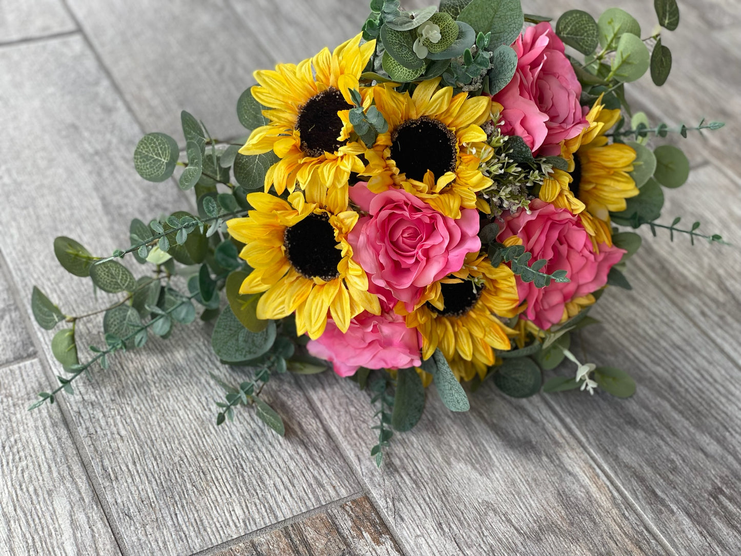 Sunflowers & Coral Roses Cascading Bouquet