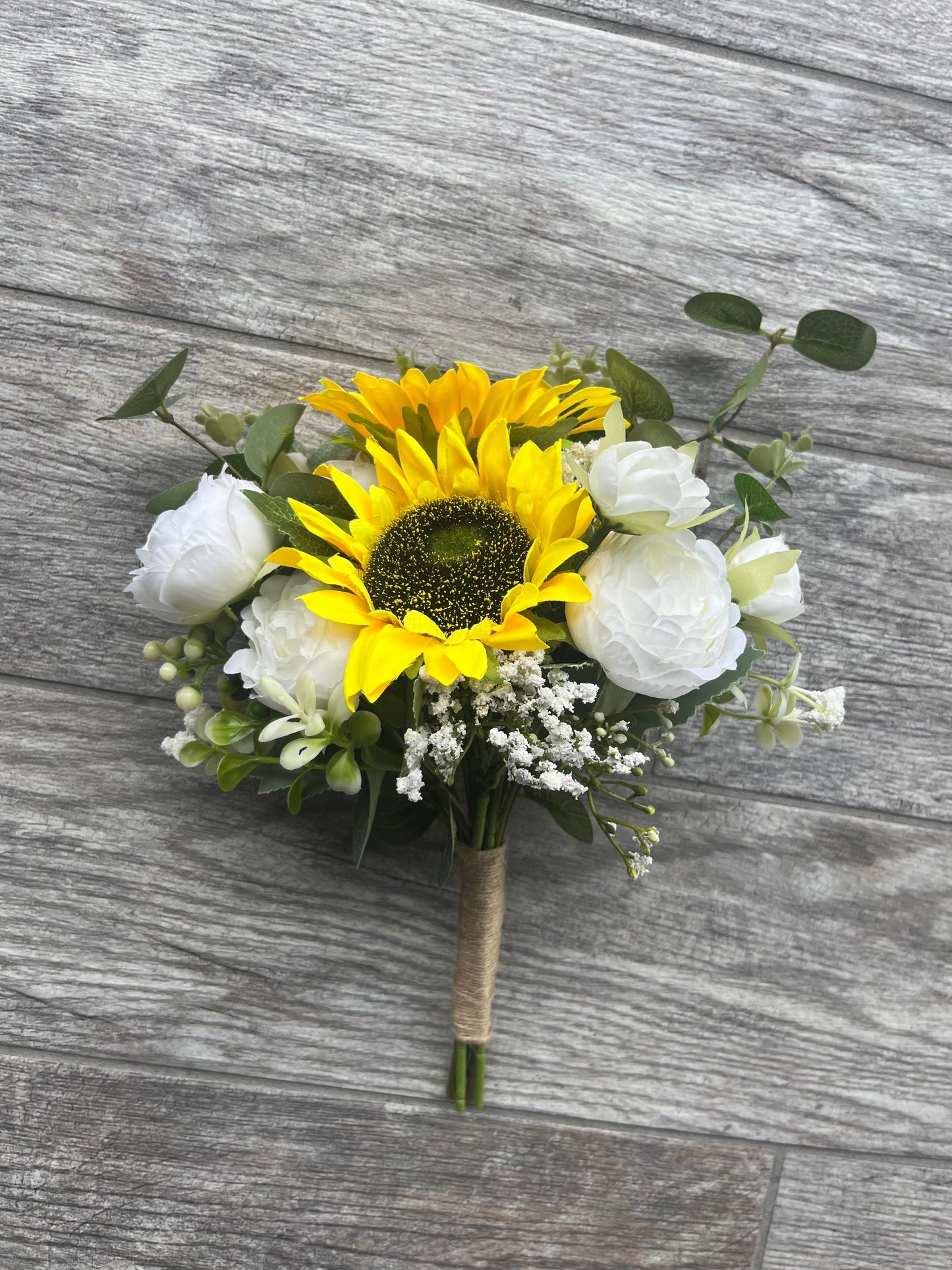 Sunflower, White Peonies & Eucalyptus Bridesmaid Bouquet