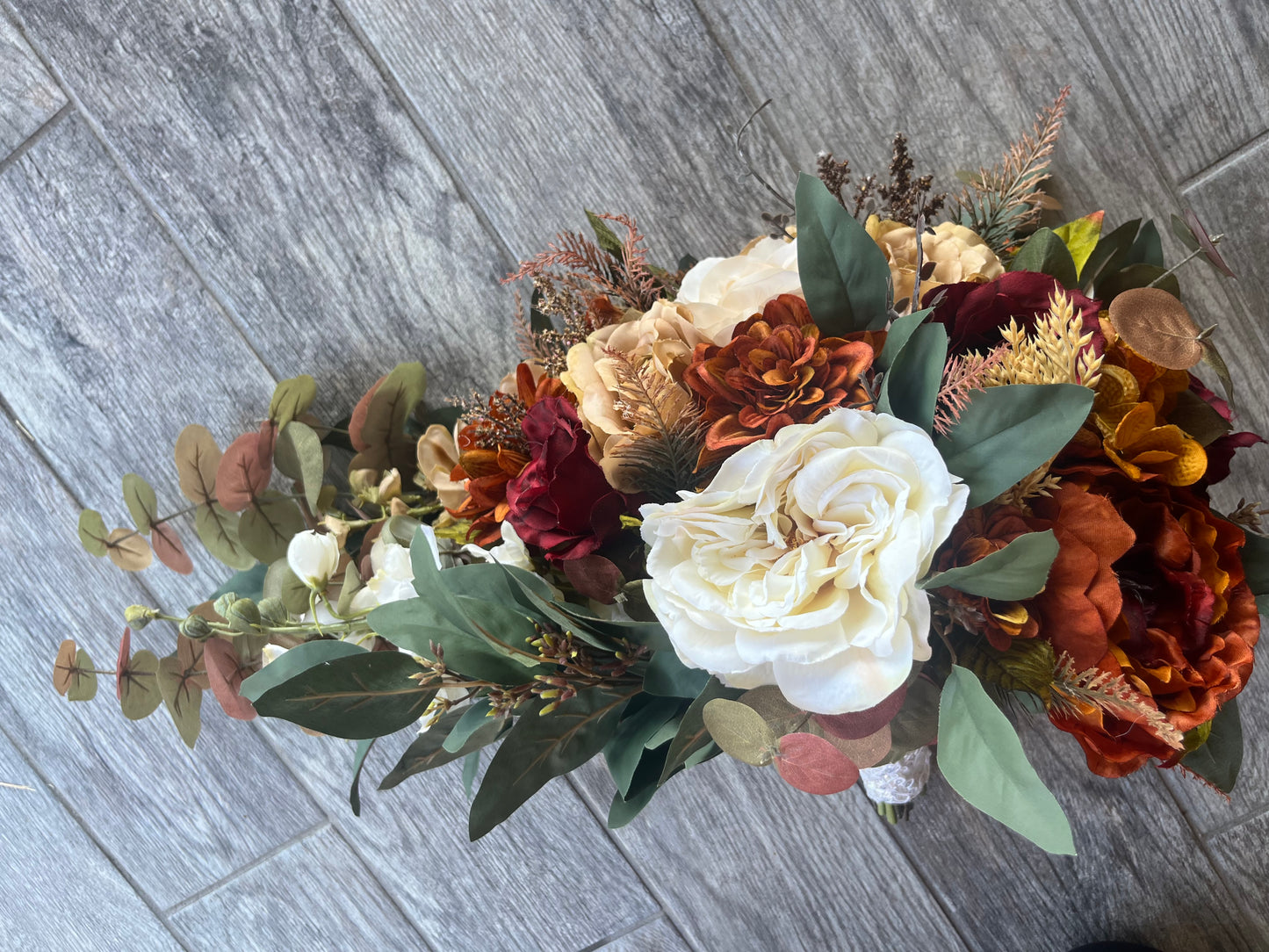 Cascading Burgundy, Brown and Rust Bride Bouquet