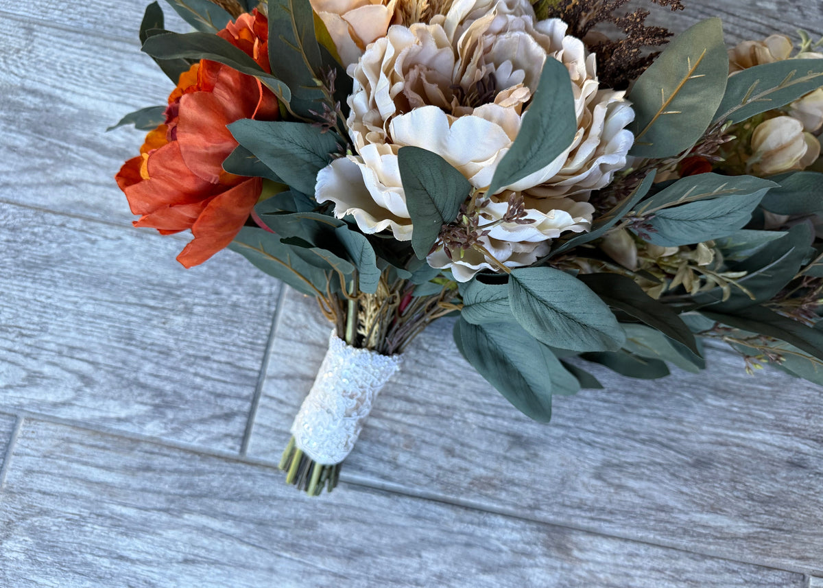 Cascading Fall Bridal Bouquet | Burnt Orange, Ivory Roses, Peonies, Eucalyptus Bouquet