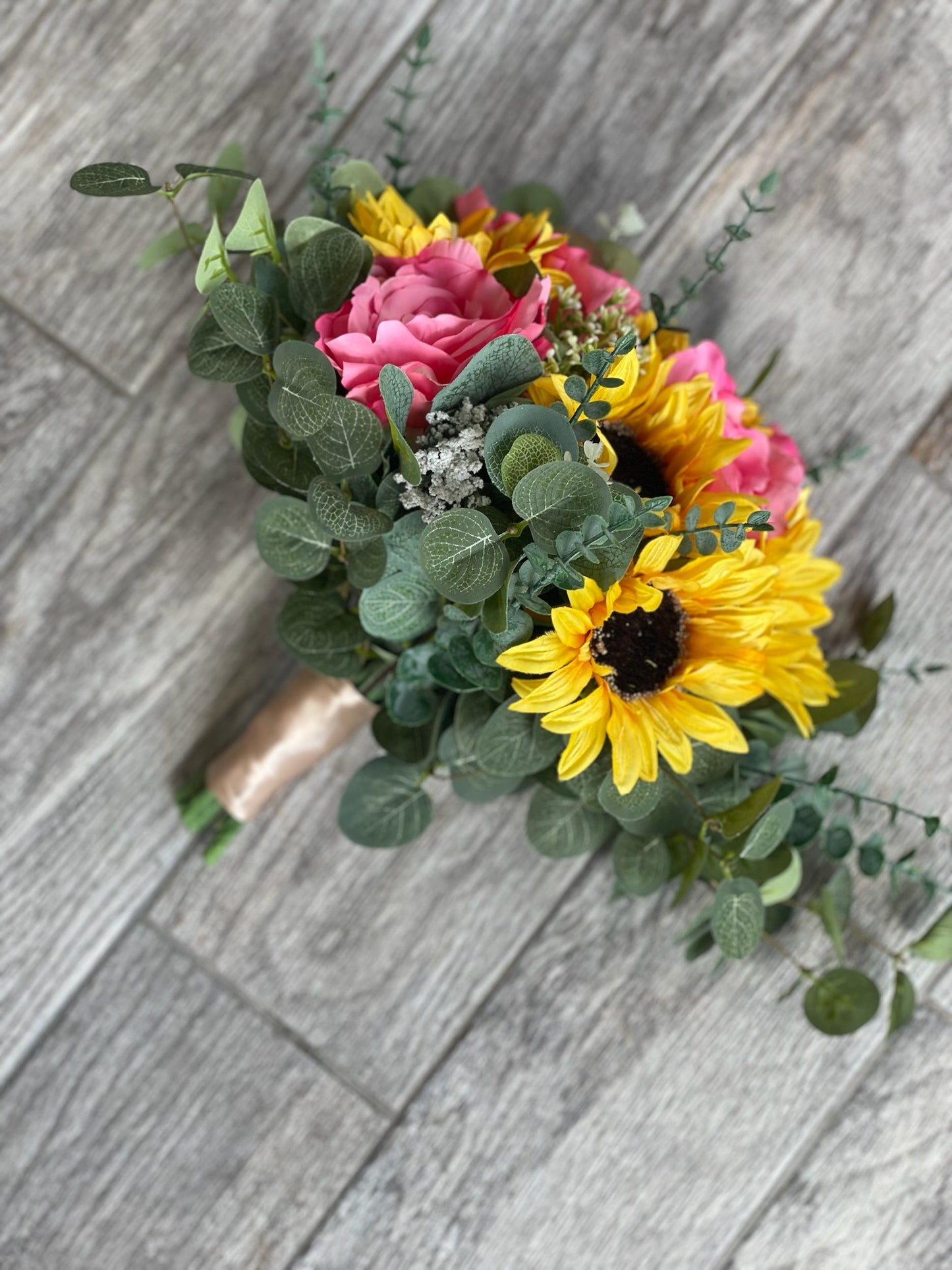 Sunflowers & Coral Roses Cascading Bouquet