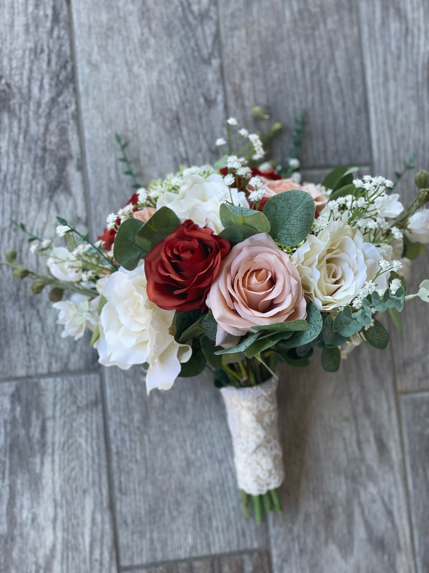 Terracota, Ivory & Peach Roses & Eucalyptus Bride Bouquet