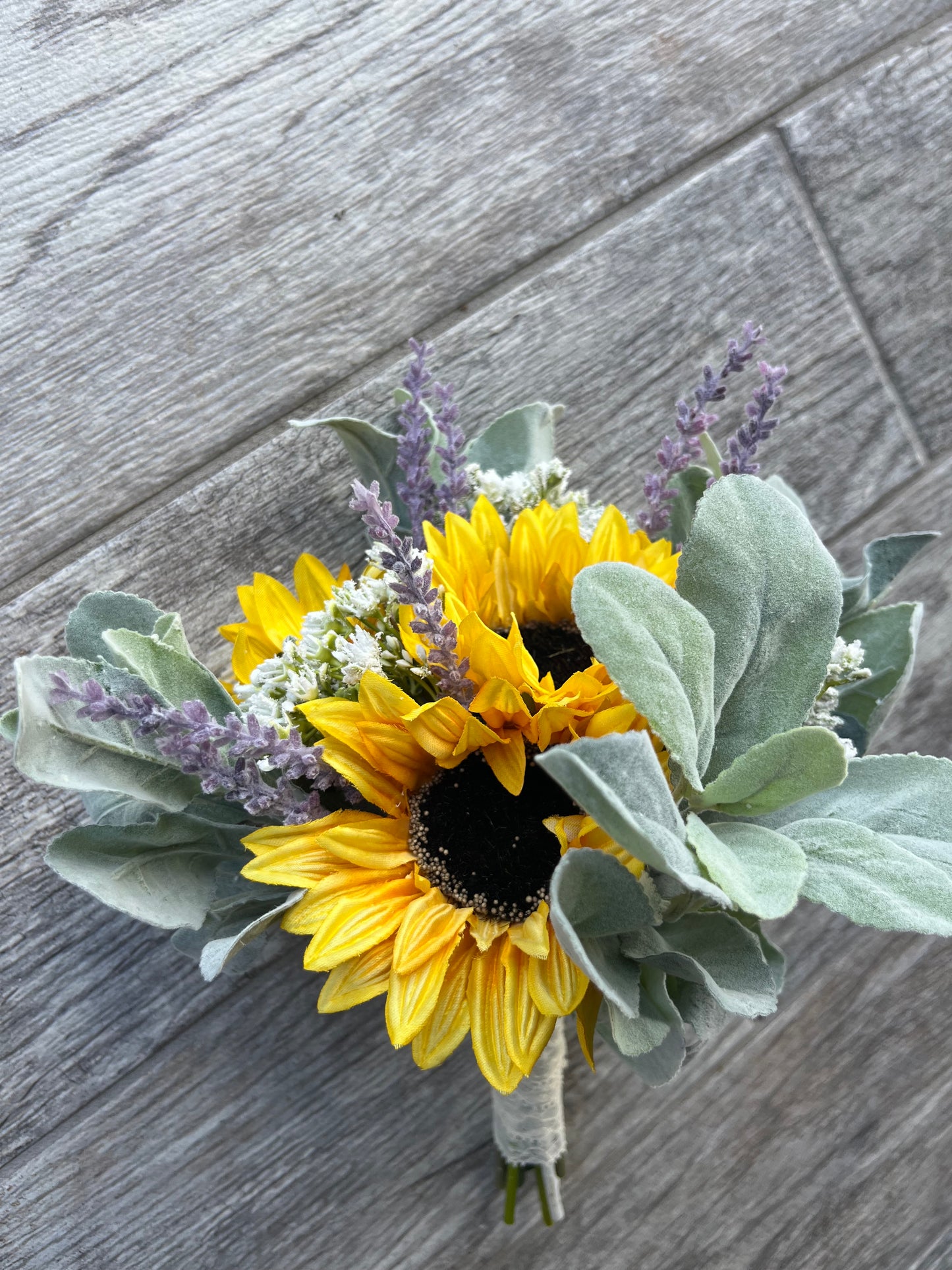 Sunflowers, Lavender and Ears Lamb Greenery Bridesmaid Bouquet