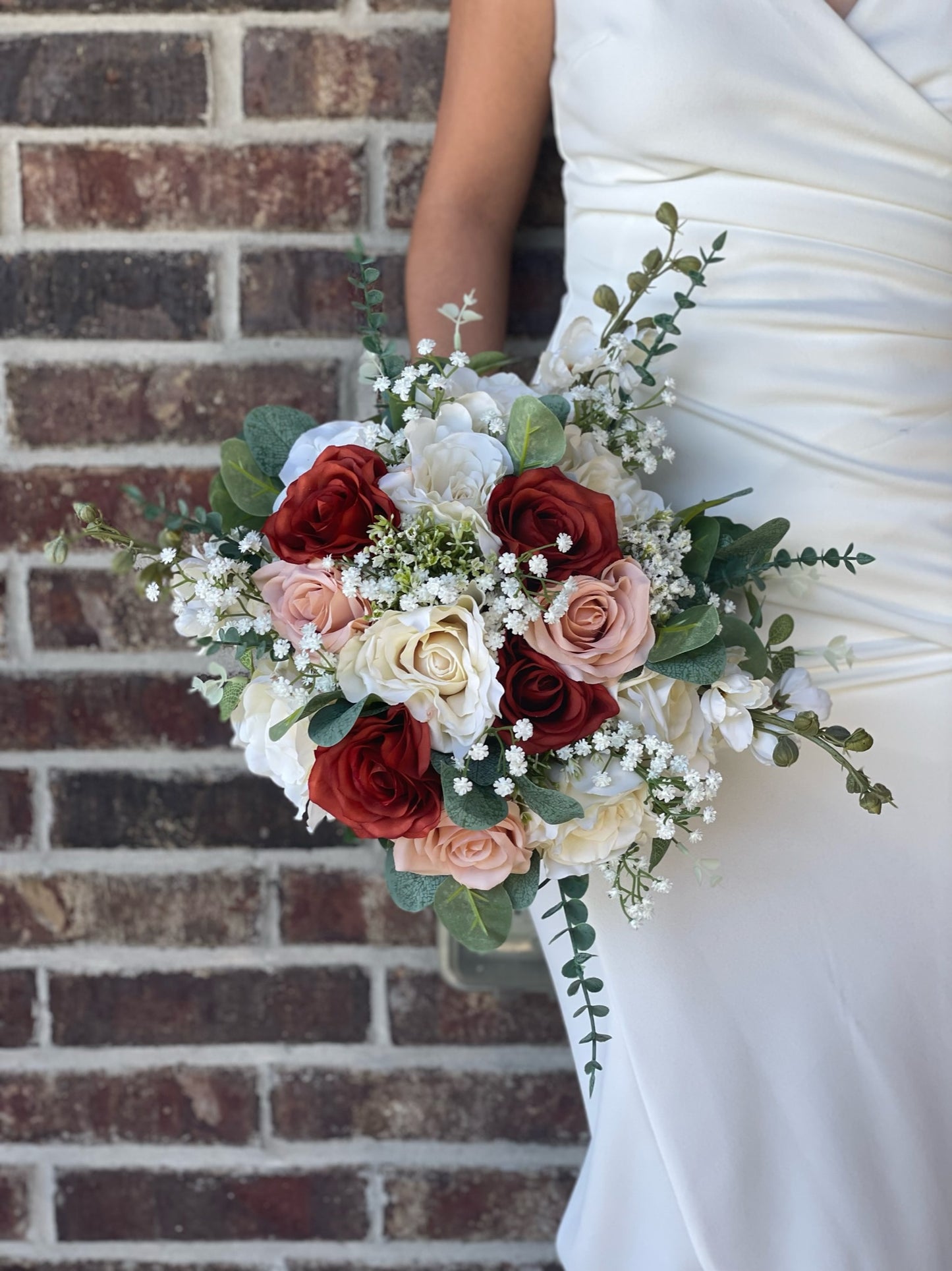 Terracota, Ivory & Peach Roses & Eucalyptus Bride Bouquet