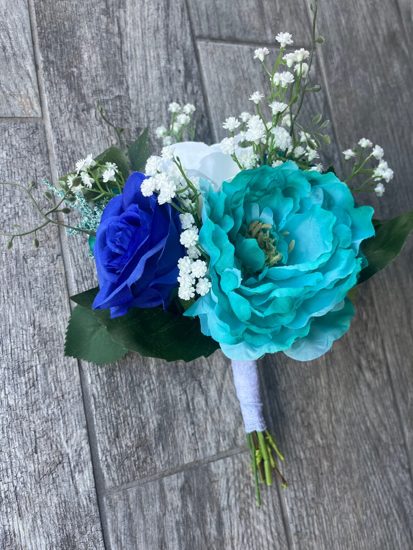 Royal Blue, White Roses & Turquoise Bridesmaid Bouquet