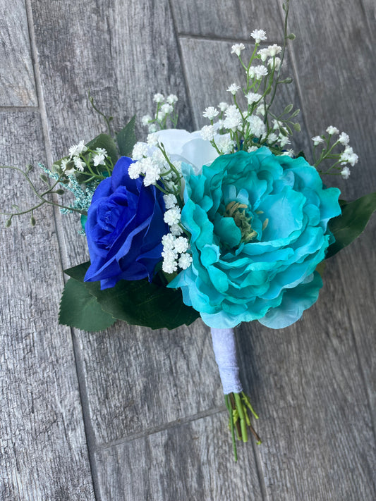 Royal Blue, White Roses & Turquoise Bridesmaid Bouquet