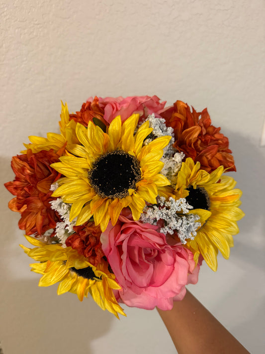 Sunflower Burnt Orange Dahlias & Coral Roses Bouquet