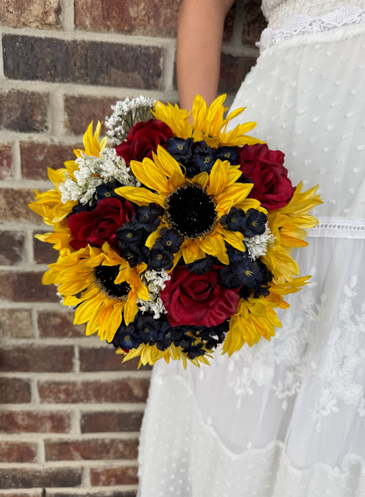 Burgundy Roses & Sunflower Wedding Bouquet with Navy Blue Accents