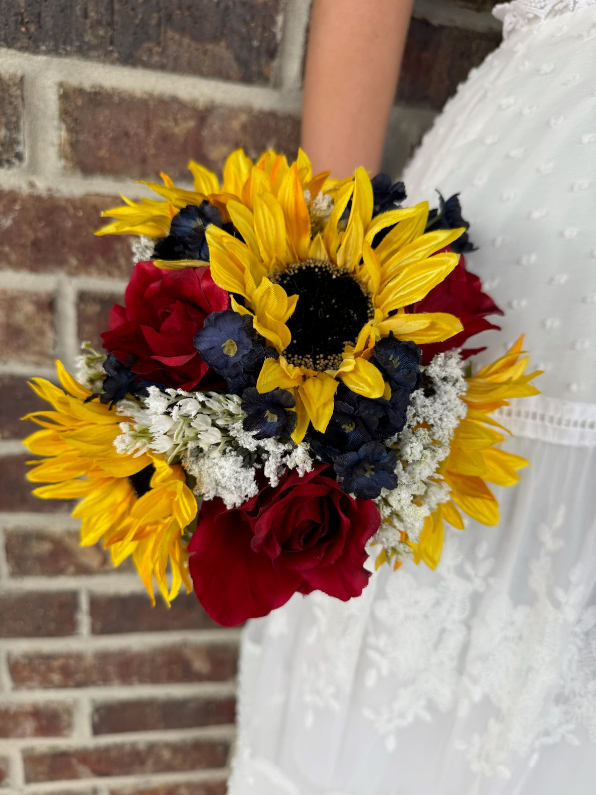 Burgundy Roses & Sunflower Wedding Bouquet with Navy Blue Accents