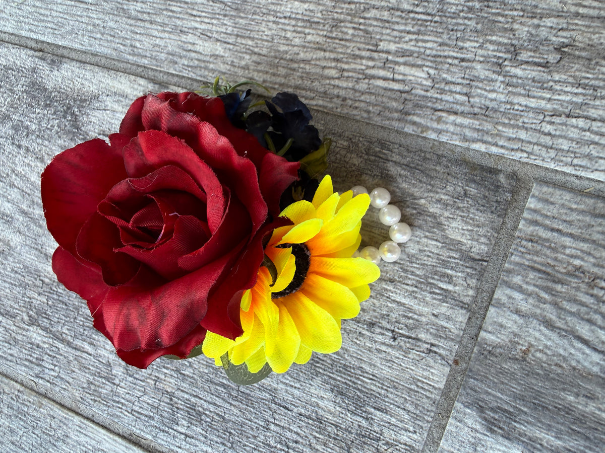 Burgundy Roses & Sunflower Wedding Bouquet with Navy Blue Accents