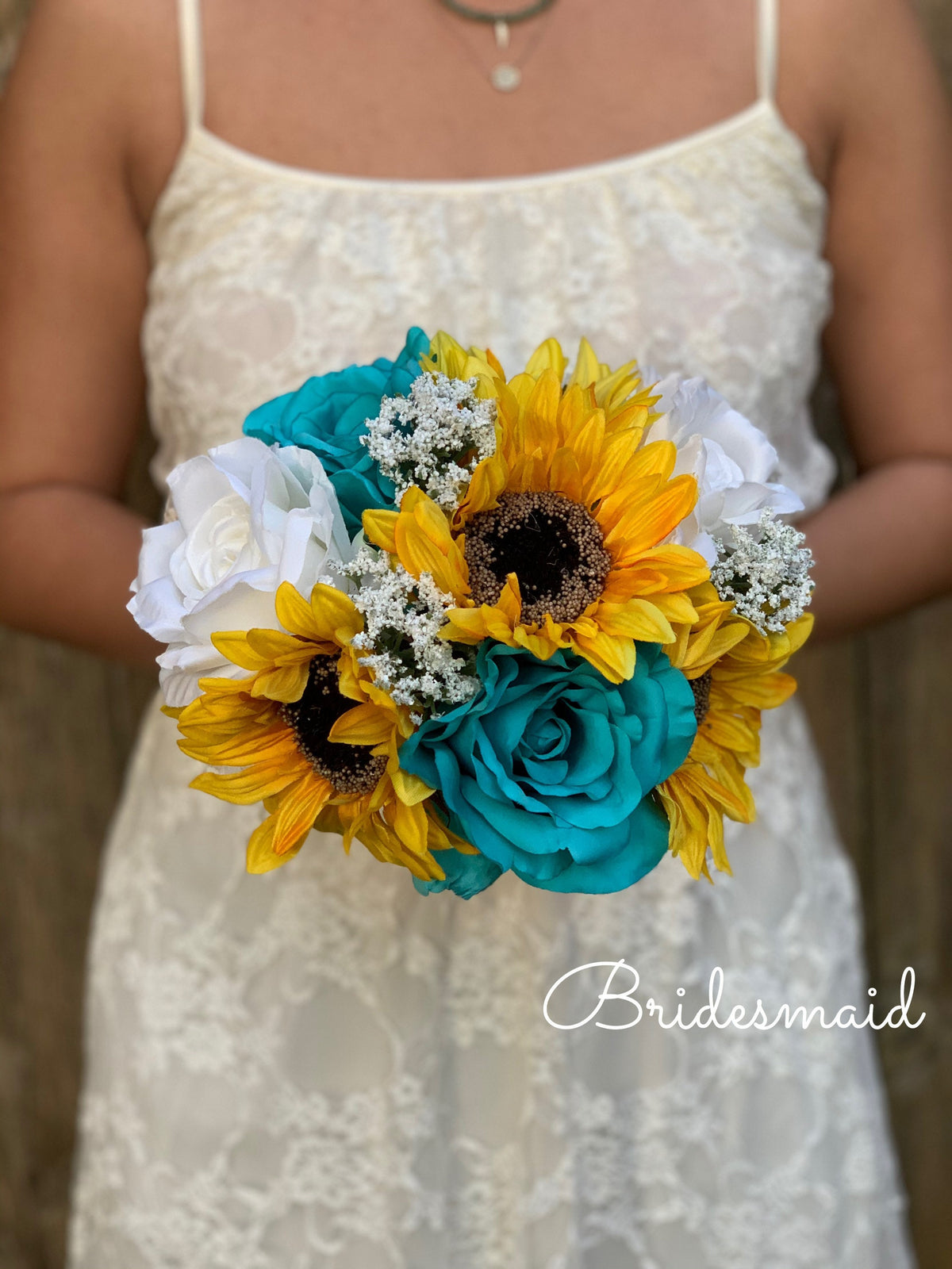 Turquoise & White Roses Sunflower Bouquet