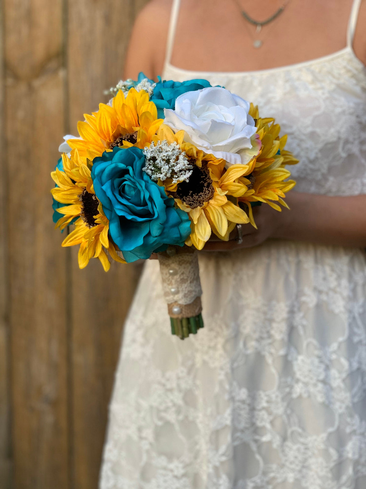 Turquoise & White Roses Sunflower Bouquet