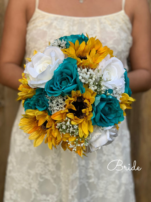 Turquoise & White Roses Sunflower Bouquet