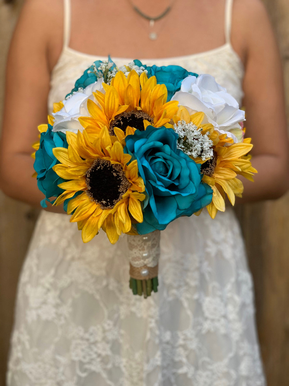 Turquoise & White Roses Sunflower Bouquet