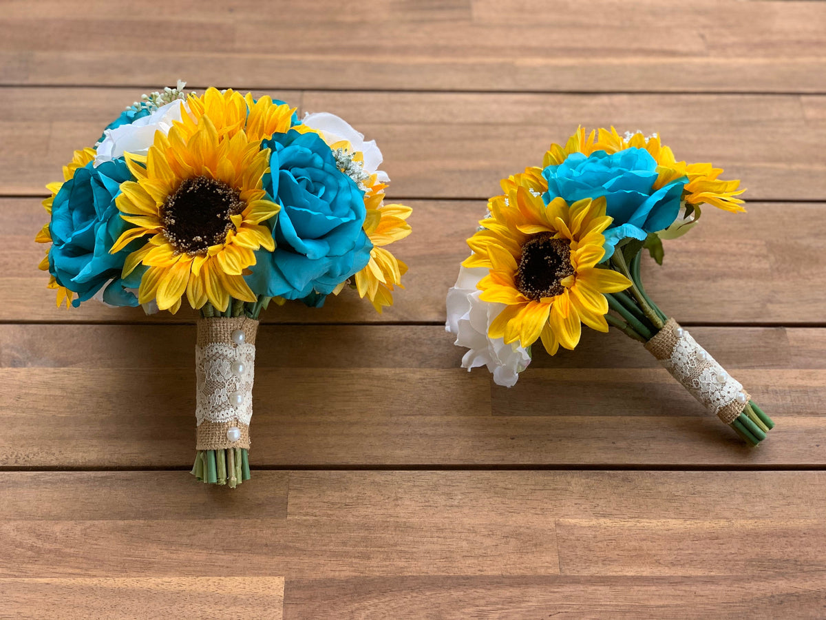Turquoise & White Roses Sunflower Bouquet