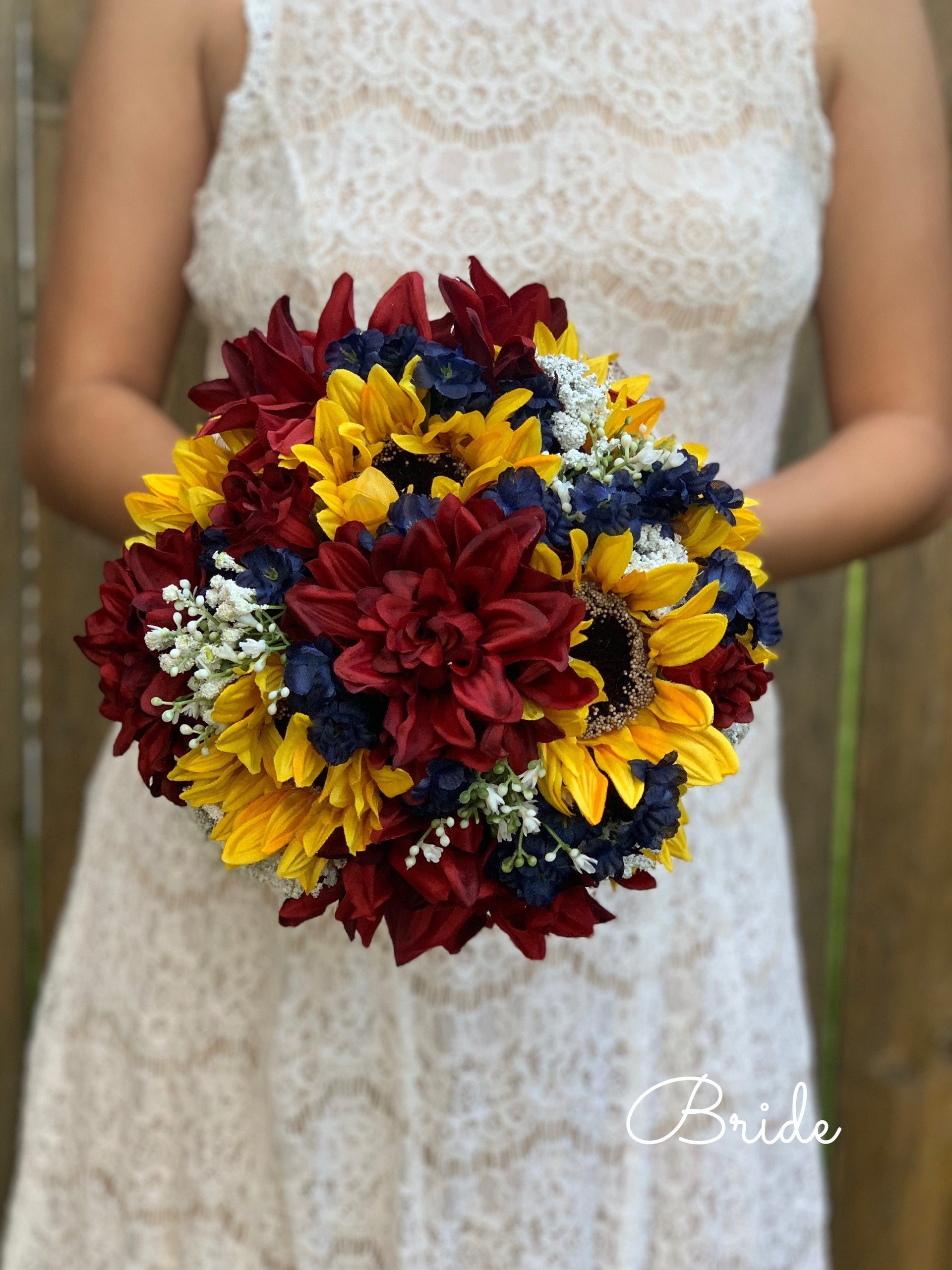 navy blue bridesmaid dresses with sunflowers Burgundy Dahlias, Navy Blue and Sunflower Bouquet FallinLove Bouquets
