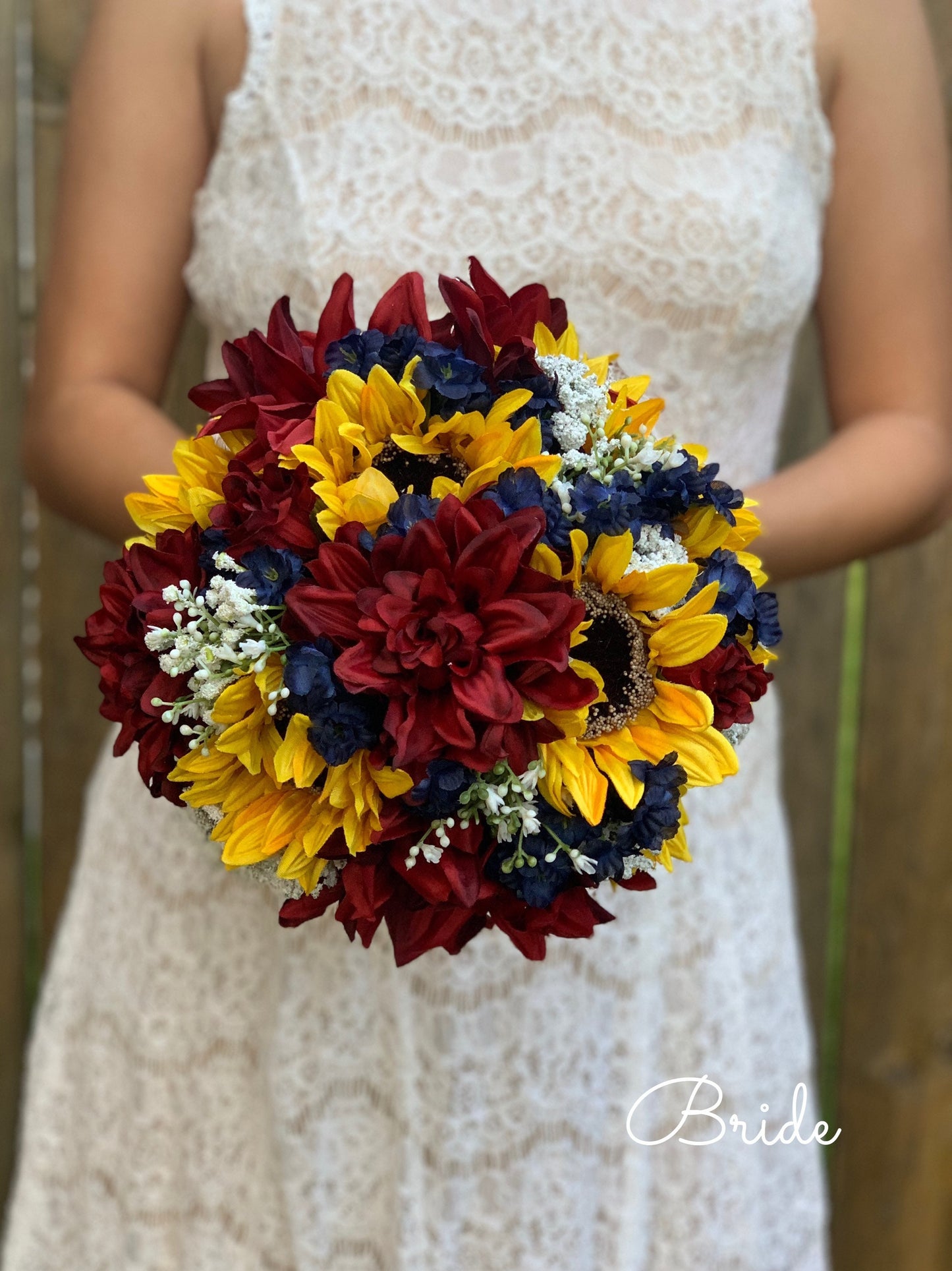 Burgundy Dahlias, Navy Blue and Sunflower Bouquet