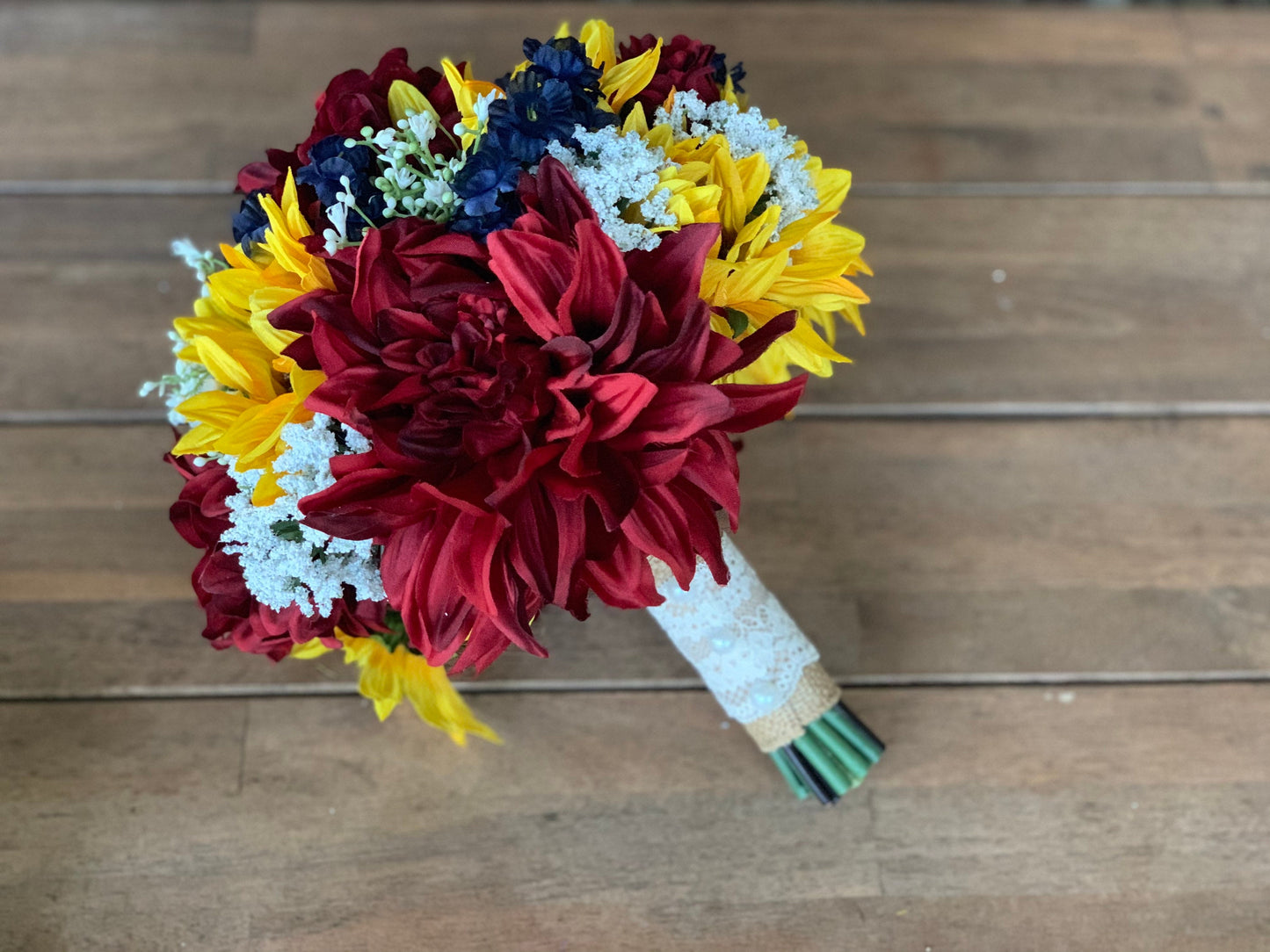 Burgundy Dahlias, Navy Blue and Sunflower Bouquet