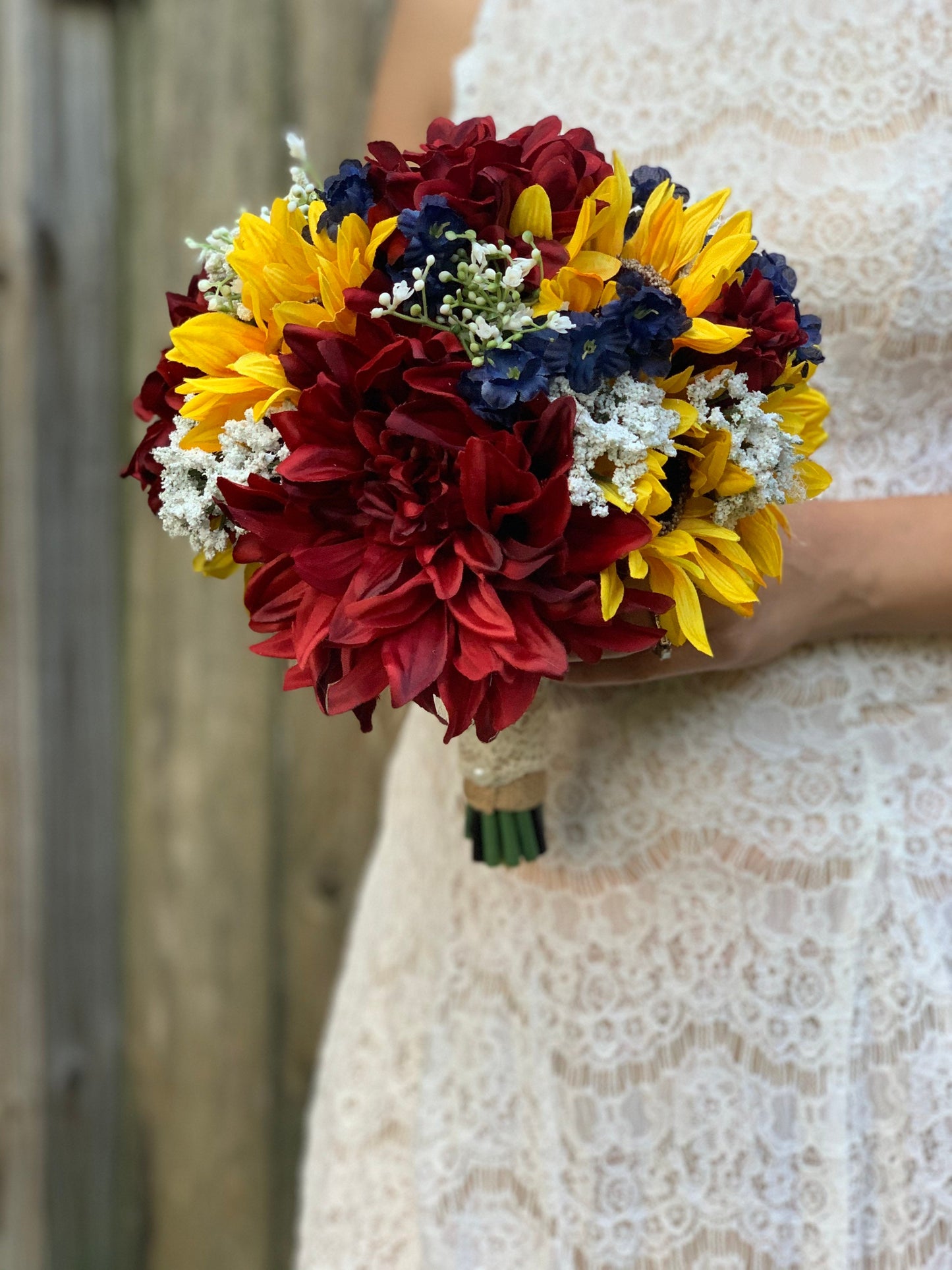 Burgundy Dahlias, Navy Blue and Sunflower Bouquet