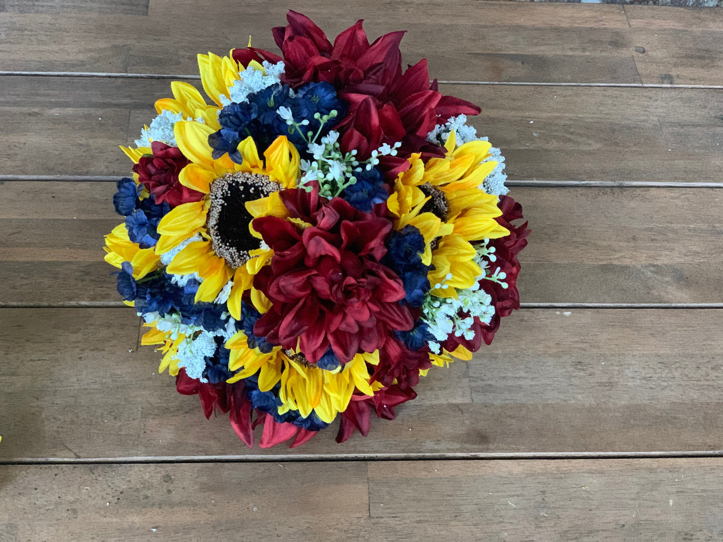 Burgundy Dahlias, Navy Blue and Sunflower Bouquet