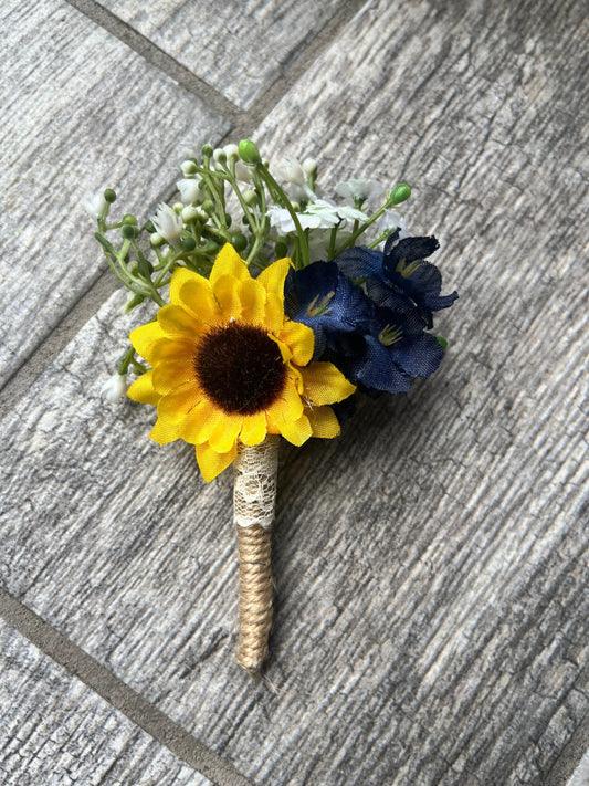 Navy Blue & Sunflower Boutonniere