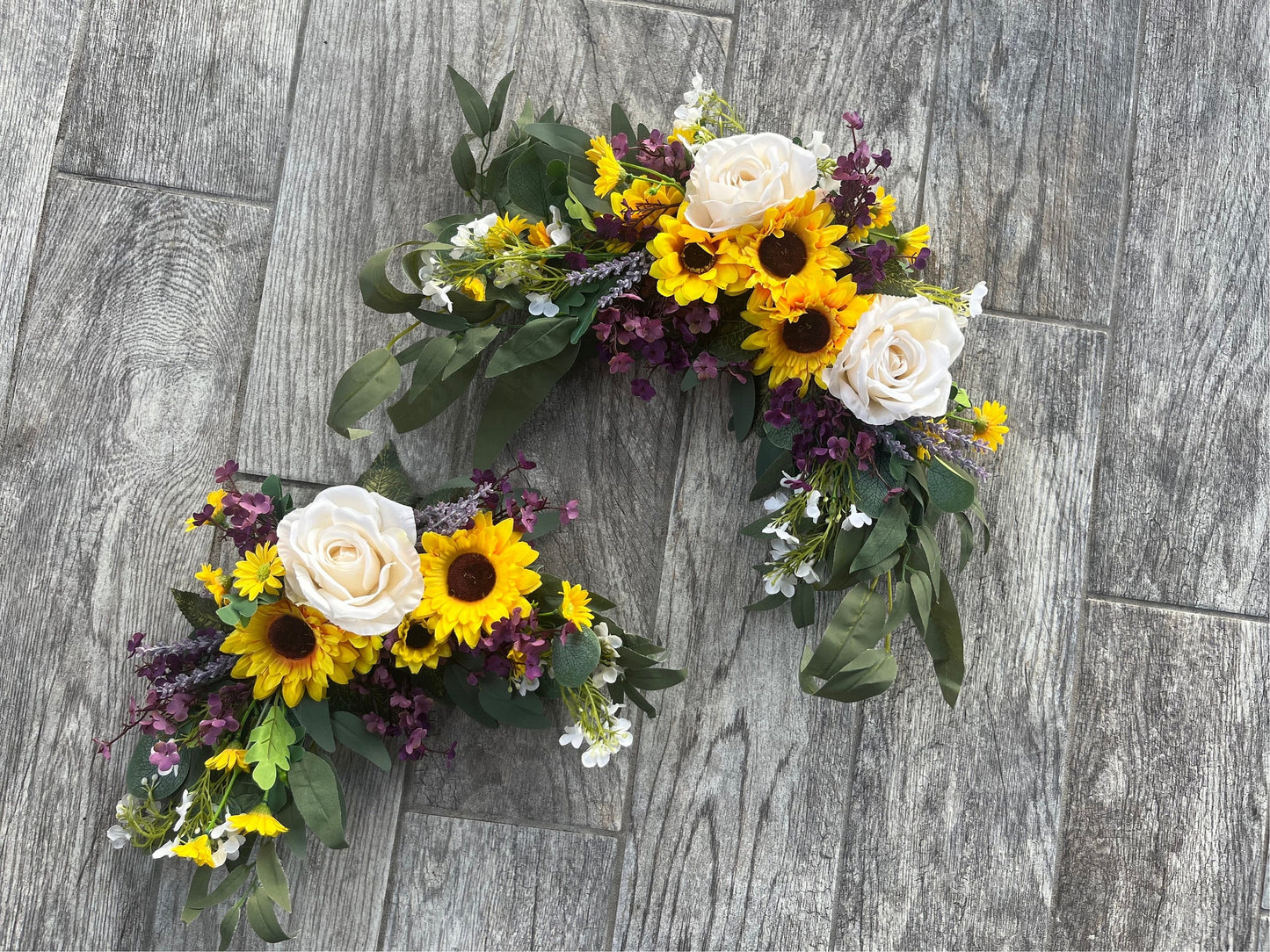 2 PC sunflowers + Ivory Roses + Purple Accent Swags