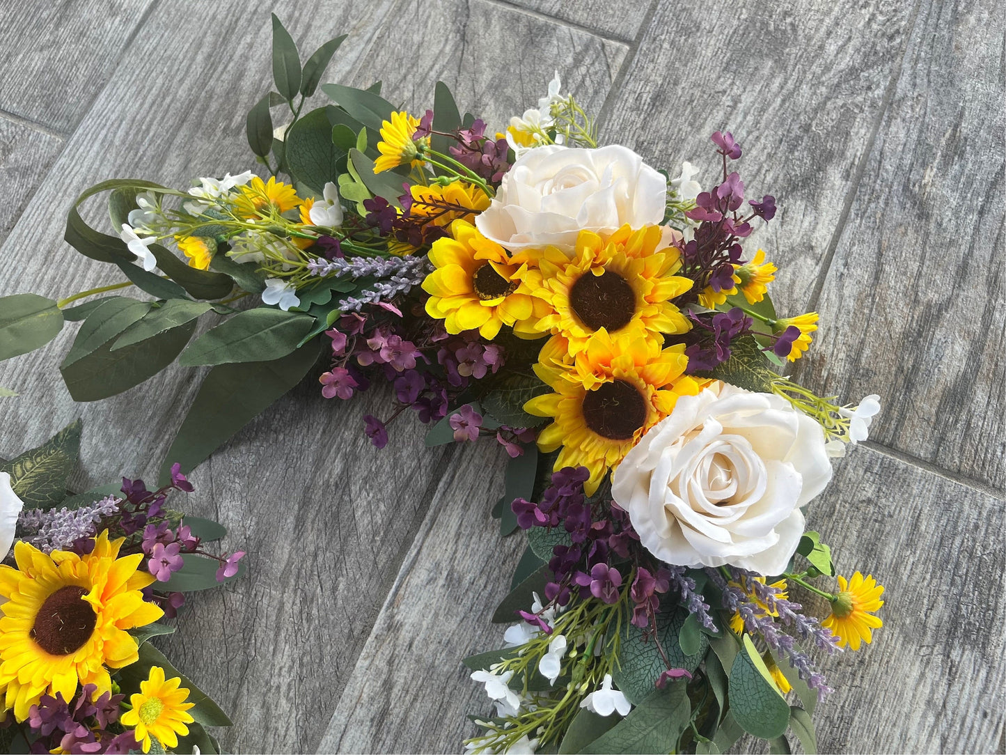 2 PC sunflowers + Ivory Roses + Purple Accent Swags