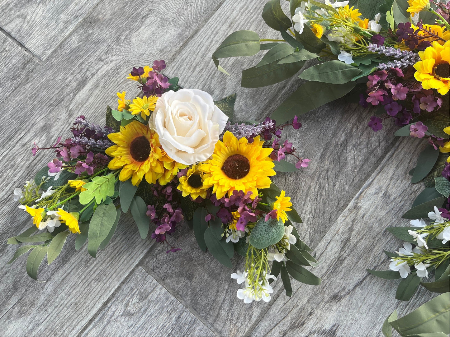 2 PC sunflowers + Ivory Roses + Purple Accent Swags